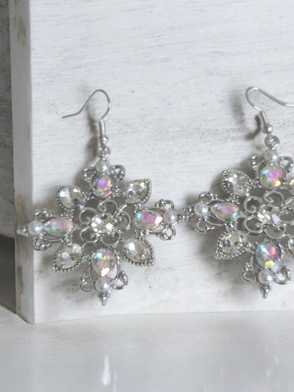 Silver Aurora Crystal Snowflake Drop Earrings